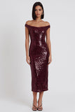 Sparkly Burgundy Sheath Off the Shoulder Sequins Midi Cocktail Dress