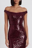 Sparkly Burgundy Sheath Off the Shoulder Sequins Midi Cocktail Dress