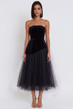 Black A-Line Strapless Velvet Tulle Midi Cocktail Dress