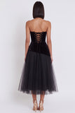 Black A-Line Strapless Velvet Tulle Midi Cocktail Dress