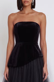 Black A-Line Strapless Velvet Tulle Midi Cocktail Dress