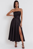 Black Strapless A-Line Ruched Midi Cocktail Dress with Slit