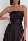 Black Strapless A-Line Ruched Midi Cocktail Dress with Slit