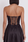 Black Strapless A-Line Ruched Midi Cocktail Dress with Slit