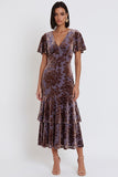 Plum Velvet Sheath V-Neck Tiered Ruffled Flutter Sleeves Midi Cocktail Dress