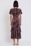 Plum Velvet Sheath V-Neck Tiered Ruffled Flutter Sleeves Midi Cocktail Dress