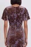 Plum Velvet Sheath V-Neck Tiered Ruffled Flutter Sleeves Midi Cocktail Dress
