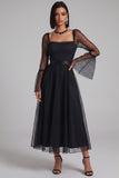 Black Polka Dots A-Line Square Neck Flare Sleeves Tulle Midi Cocktail Dress