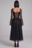 Black Polka Dots A-Line Square Neck Flare Sleeves Tulle Midi Cocktail Dress