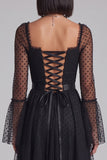 Black Polka Dots A-Line Square Neck Flare Sleeves Tulle Midi Cocktail Dress