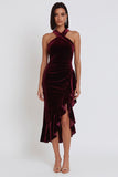 Burgundy Velvet High Low Halter Mermaid Ruched Midi Cocktail Dress with Ruffled Slit