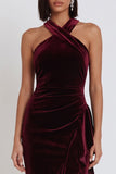 Burgundy Velvet High Low Halter Mermaid Ruched Midi Cocktail Dress with Ruffled Slit