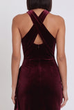 Burgundy Velvet High Low Halter Mermaid Ruched Midi Cocktail Dress with Ruffled Slit