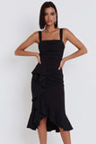 Black Mermaid Square Neck Ruched High Low Midi Cocktail Dress with Asymmetrical Ruffles