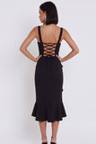 Black Mermaid Square Neck Ruched High Low Midi Cocktail Dress with Asymmetrical Ruffles