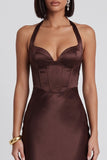 Dark Brown Satin Corset Bodycon Halter Midi Cocktail Dress
