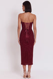 Glitter Burgundy Corset Bodycon Cowl Satin Strapless Midi Cocktail Dress