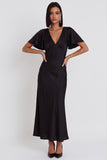Black Satin Mermaid V-Neck Flutter Sleeves Midi Cocktail Dress