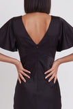 Black Satin Mermaid V-Neck Flutter Sleeves Midi Cocktail Dress