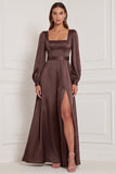 Espresso Square Neck A-Line Long Sleeves Satin Maxi Dress with Slit