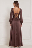 Espresso Square Neck A-Line Long Sleeves Satin Maxi Dress with Slit