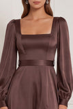 Espresso Square Neck A-Line Long Sleeves Satin Maxi Dress with Slit