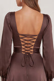Espresso Square Neck A-Line Long Sleeves Satin Maxi Dress with Slit