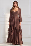 A-Line Tiered V-Neck Long Sleeves Sage Chiffon Dress with Ruffles
