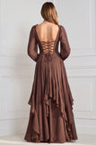 A-Line Tiered V-Neck Long Sleeves Sage Chiffon Dress with Ruffles
