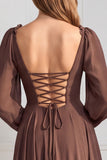A-Line Tiered V-Neck Long Sleeves Sage Chiffon Dress with Ruffles