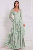 A-Line Tiered V-Neck Long Sleeves Sage Chiffon Dress with Ruffles