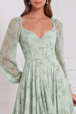 A-Line Tiered V-Neck Long Sleeves Sage Chiffon Dress with Ruffles