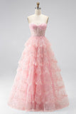 Sparkly Pink Sequins Tiered Ruffled Tulle Sheer Corset A-Line Strapless Long Prom Dress with Beading