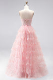 Sparkly Pink Sequins Tiered Ruffled Tulle Sheer Corset A-Line Strapless Long Prom Dress with Beading
