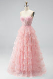 Sparkly Pink Sequins Tiered Ruffled Tulle Sheer Corset A-Line Strapless Long Prom Dress with Beading
