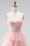Sparkly Pink Sequins Tiered Ruffled Tulle Sheer Corset A-Line Strapless Long Prom Dress with Beading