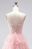 Sparkly Pink Sequins Tiered Ruffled Tulle Sheer Corset A-Line Strapless Long Prom Dress with Beading