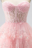 Sparkly Pink Sequins Tiered Ruffled Tulle Sheer Corset A-Line Strapless Long Prom Dress with Beading