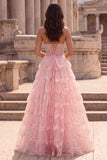 Sparkly Pink Sequins Tiered Ruffled Tulle Sheer Corset A-Line Strapless Long Prom Dress with Beading
