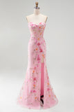 Pink Strapless Corset Mermaid Sequins Beaded Long Prom Dress with Slit