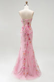 Pink Strapless Corset Mermaid Sequins Beaded Long Prom Dress with Slit