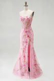 Pink Strapless Corset Mermaid Sequins Beaded Long Prom Dress with Slit