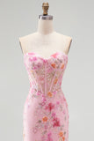 Pink Strapless Corset Mermaid Sequins Beaded Long Prom Dress with Slit