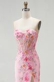 Pink Strapless Corset Mermaid Sequins Beaded Long Prom Dress with Slit