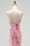 Pink Strapless Corset Mermaid Sequins Beaded Long Prom Dress with Slit