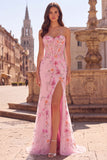 Pink Strapless Corset Mermaid Sequins Beaded Long Prom Dress with Slit