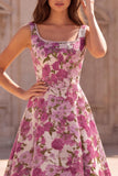 Fuchsia A-Line Floral Jacquard Square Neck Pearls Long Prom Dress