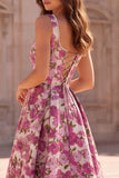 Fuchsia A-Line Floral Jacquard Square Neck Pearls Long Prom Dress