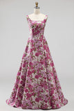Fuchsia A-Line Floral Jacquard Square Neck Pearls Long Prom Dress
