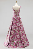 Fuchsia A-Line Floral Jacquard Square Neck Pearls Long Prom Dress
